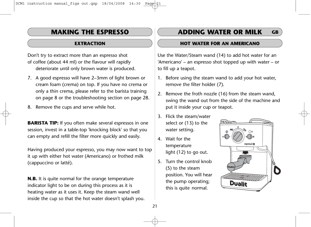 Dualit DCM1 instruction manual Adding Water or Milk GB, HOT Water for AN Americano 