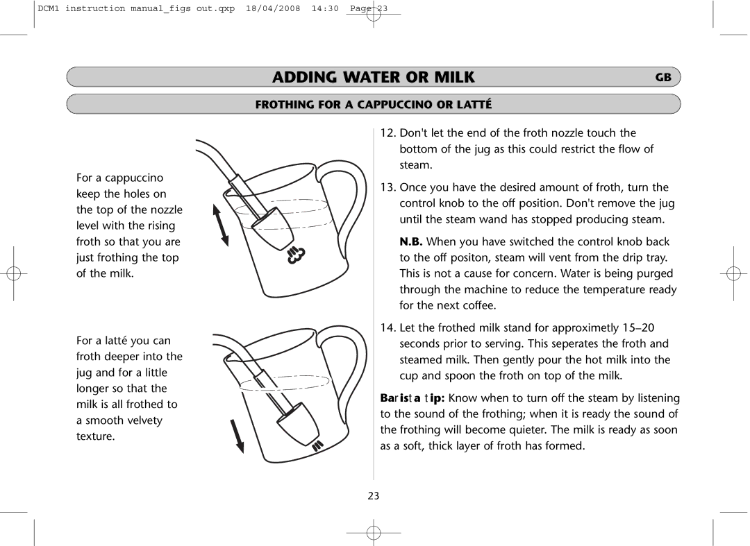 Dualit DCM1 instruction manual Adding Water or Milk 