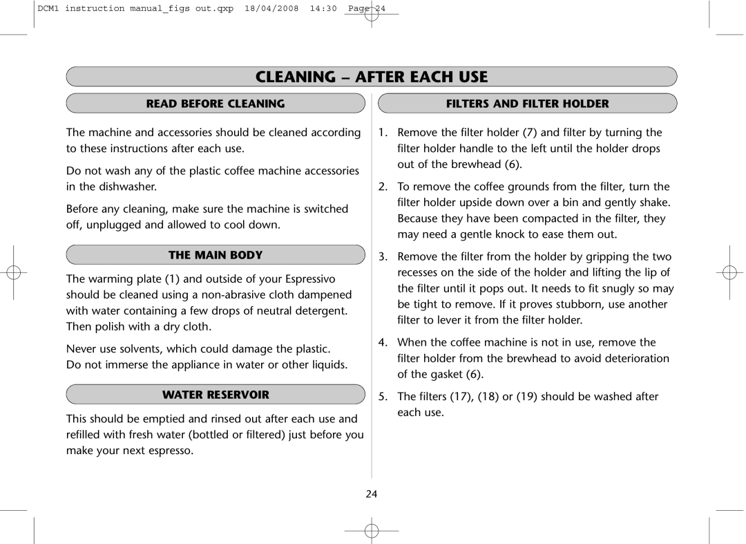Dualit DCM1 Cleaning After Each USE, Read Before Cleaning, Main Body, Water Reservoir, Filters and Filter Holder 