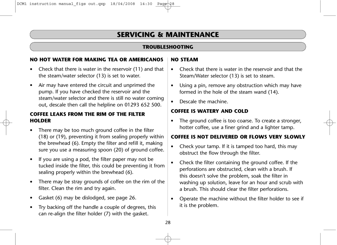 Dualit DCM1 instruction manual Servicing & Maintenance, Coffee is not Delivered or Flows Very Slowly 