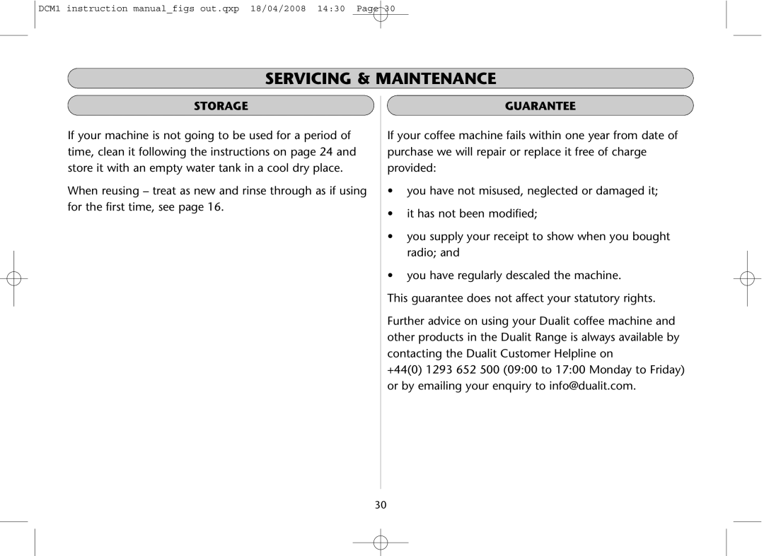 Dualit DCM1 instruction manual Storage, Guarantee 