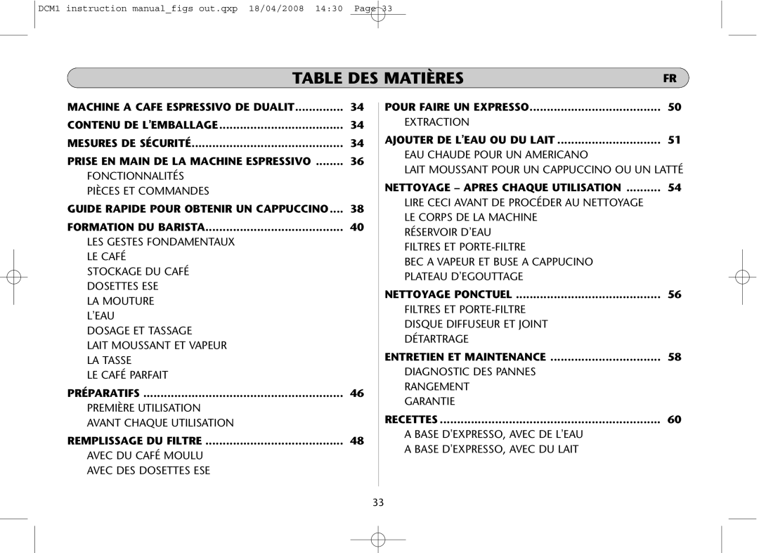 Dualit DCM1 Table DES Matières, Contenu DE Lemballage, Ajouter DE Leau OU DU Lait, Entretien ET Maintenance 