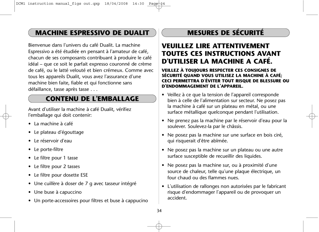 Dualit DCM1 instruction manual Machine Espressivo DE Dualit, Contenu DE Lemballage, Mesures DE Sécurité 