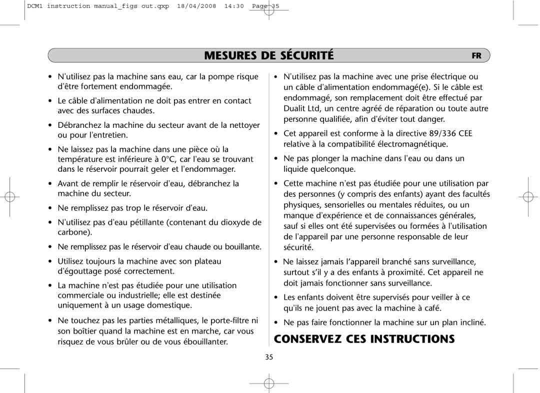 Dualit DCM1 instruction manual Conservez CES Instructions 