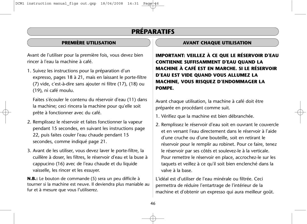 Dualit DCM1 instruction manual Préparatifs, Première Utilisation 