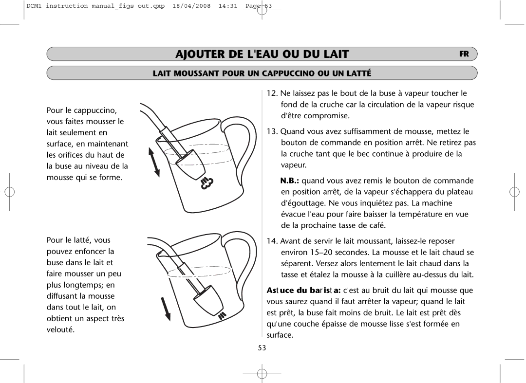 Dualit DCM1 instruction manual Ajouter DE L EAU OU DU Lait 