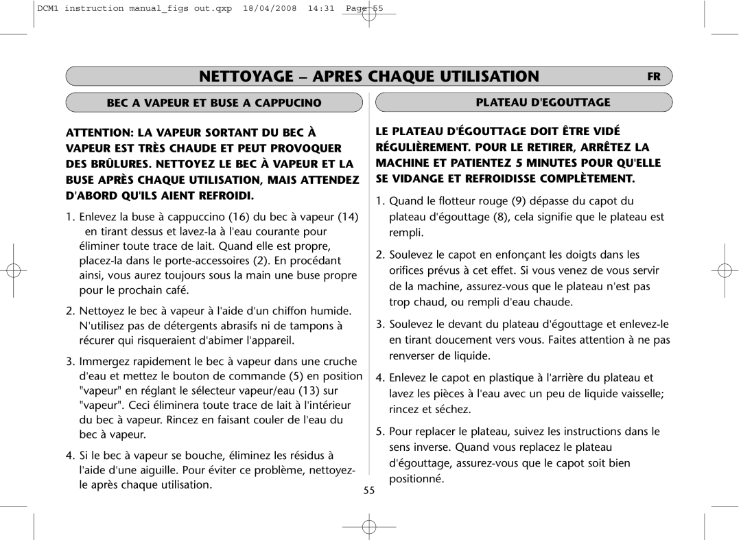 Dualit DCM1 instruction manual Nettoyage Apres Chaque Utilisation, BEC a Vapeur ET Buse a Cappucino 