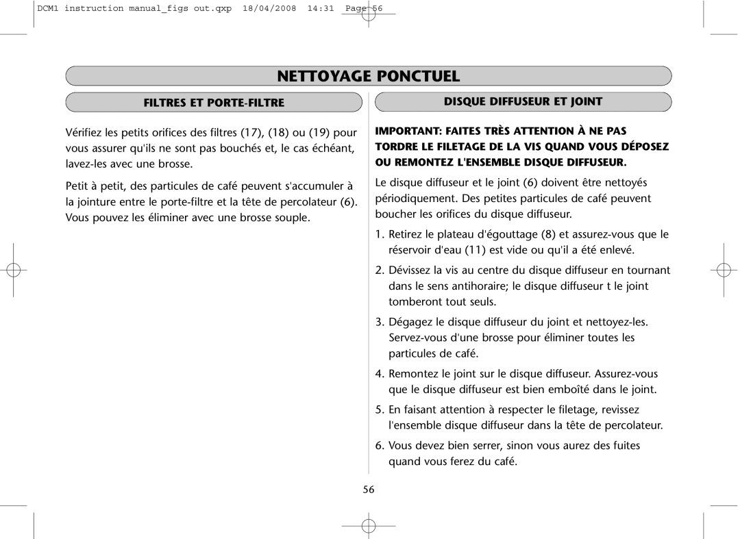 Dualit DCM1 instruction manual Nettoyage Ponctuel 