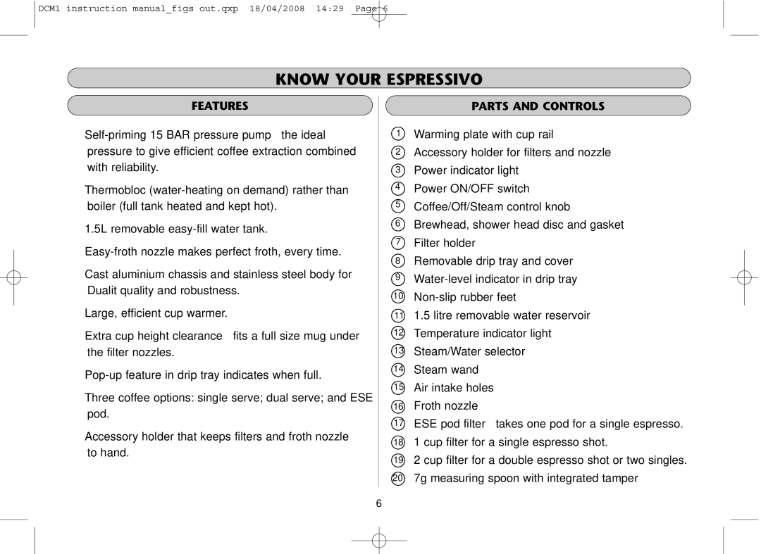 Dualit DCM1 instruction manual Know Your Espressivo, Features, Parts and Controls 