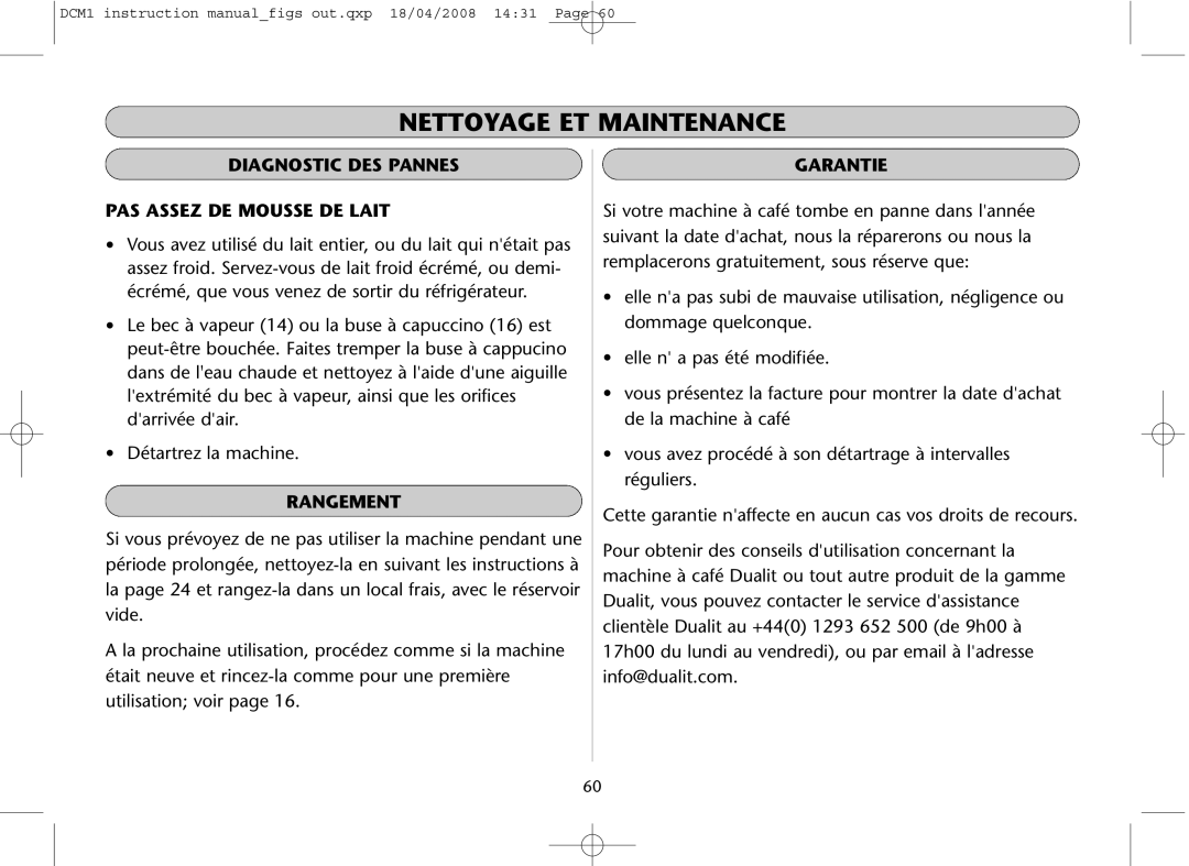 Dualit DCM1 instruction manual Diagnostic DES Pannes PAS Assez DE Mousse DE Lait, Rangement, Garantie 