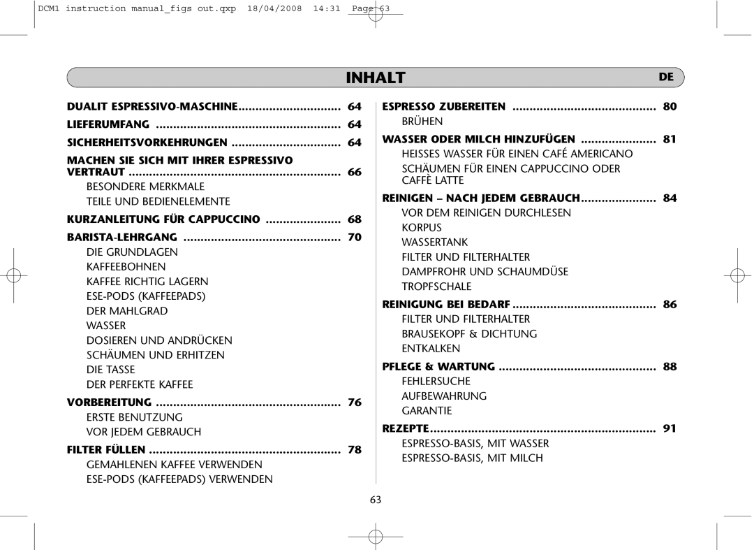 Dualit DCM1 instruction manual Inhalt 