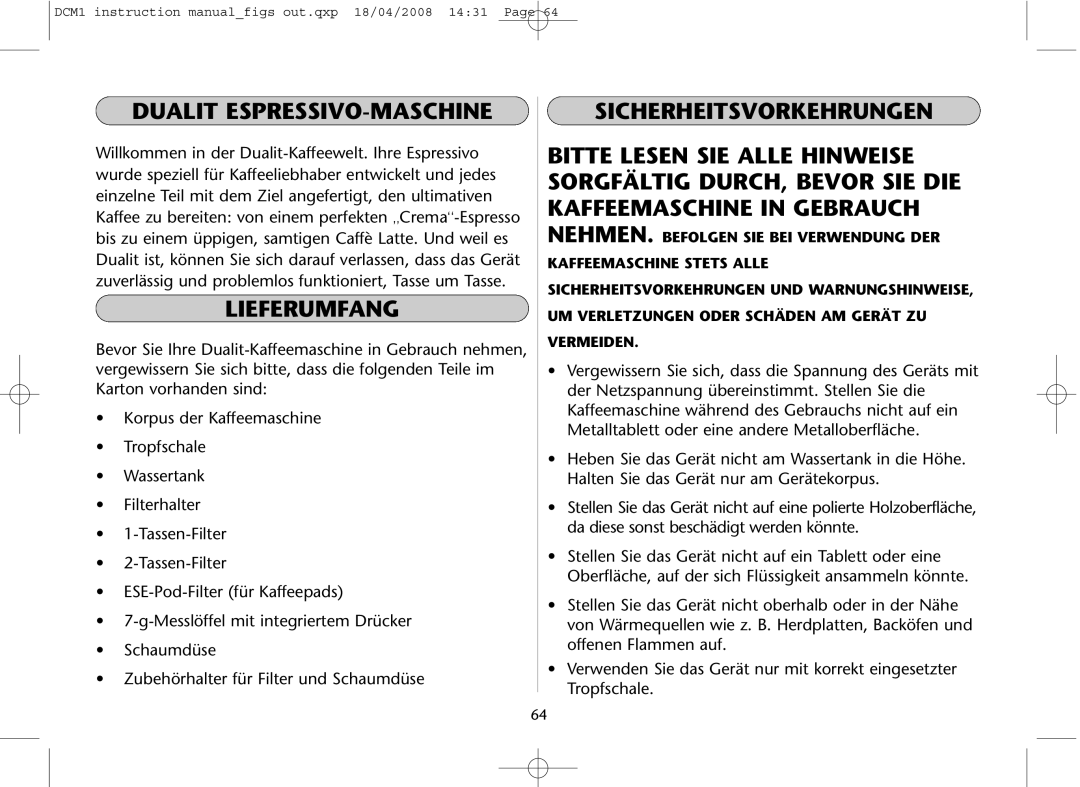 Dualit DCM1 instruction manual Dualit ESPRESSIVO-MASCHINE, Lieferumfang, Sicherheitsvorkehrungen 