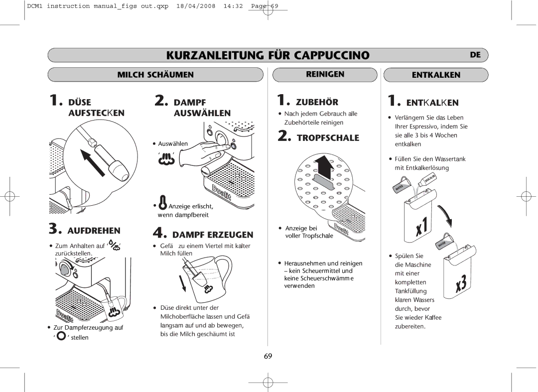 Dualit DCM1 instruction manual Milch Schäumen, Reinigen, Entkalken 