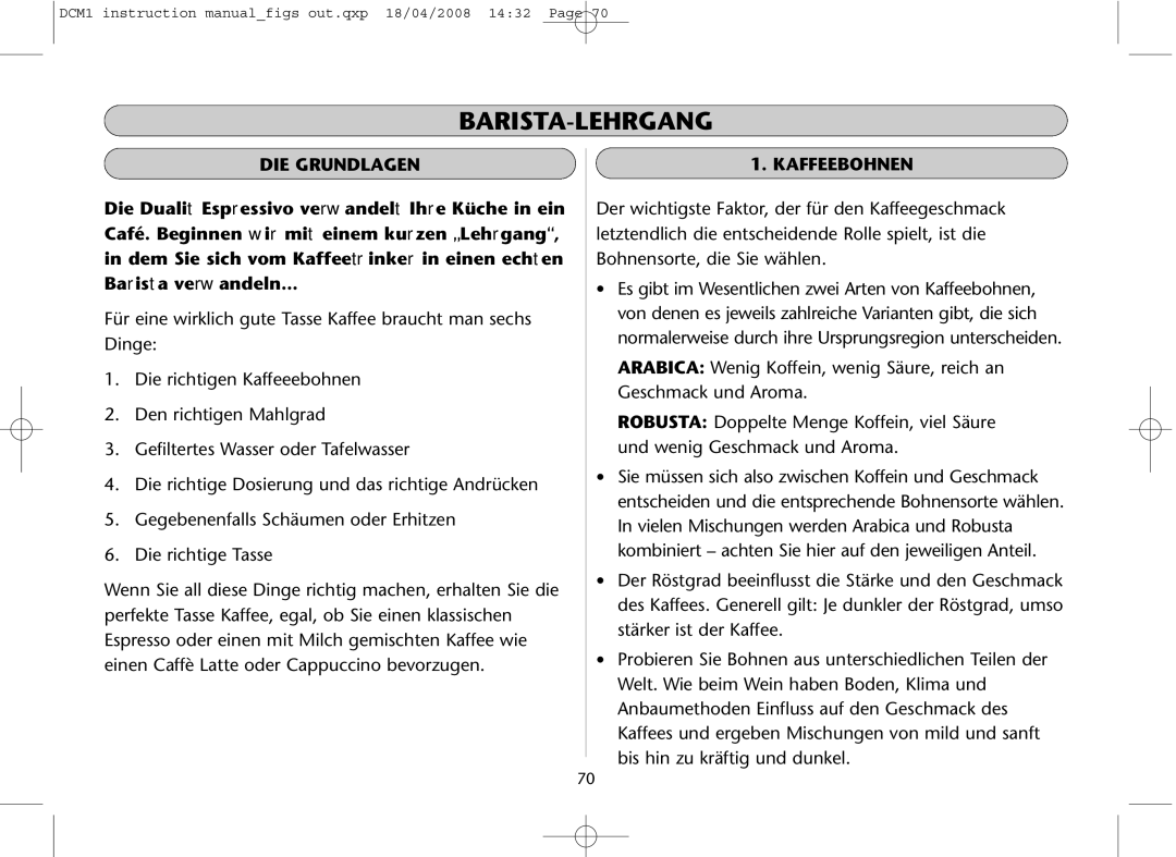 Dualit DCM1 instruction manual Barista-Lehrgang, DIE Grundlagen, Kaffeebohnen 