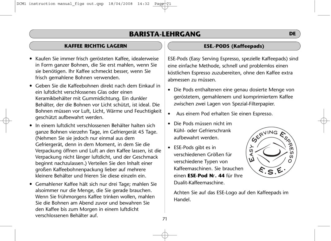 Dualit DCM1 instruction manual Barista-Lehrgangde, Kaffee Richtig Lagern 