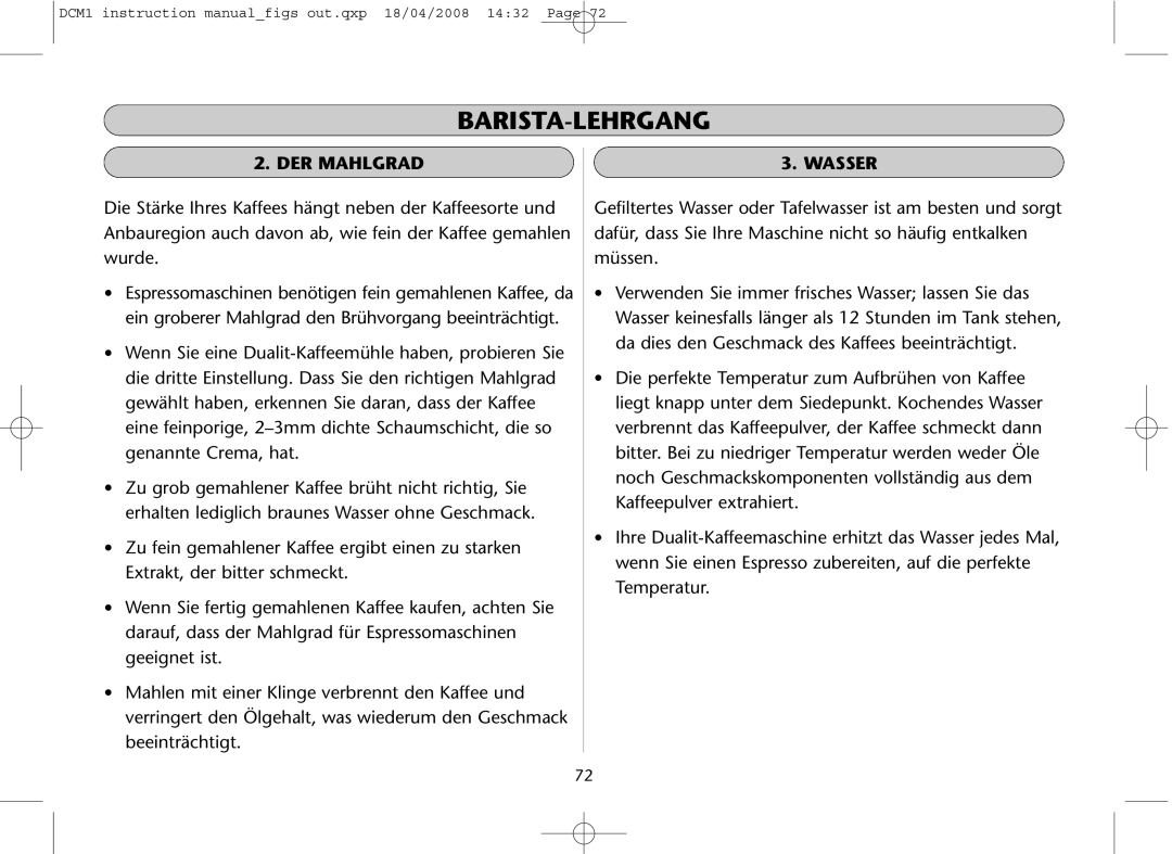 Dualit DCM1 instruction manual DER Mahlgrad, Wasser 