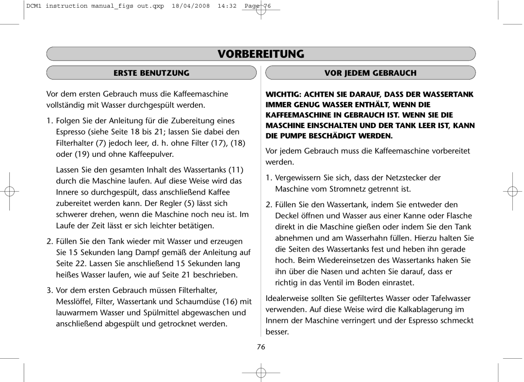 Dualit DCM1 instruction manual Vorbereitung, Erste Benutzung 