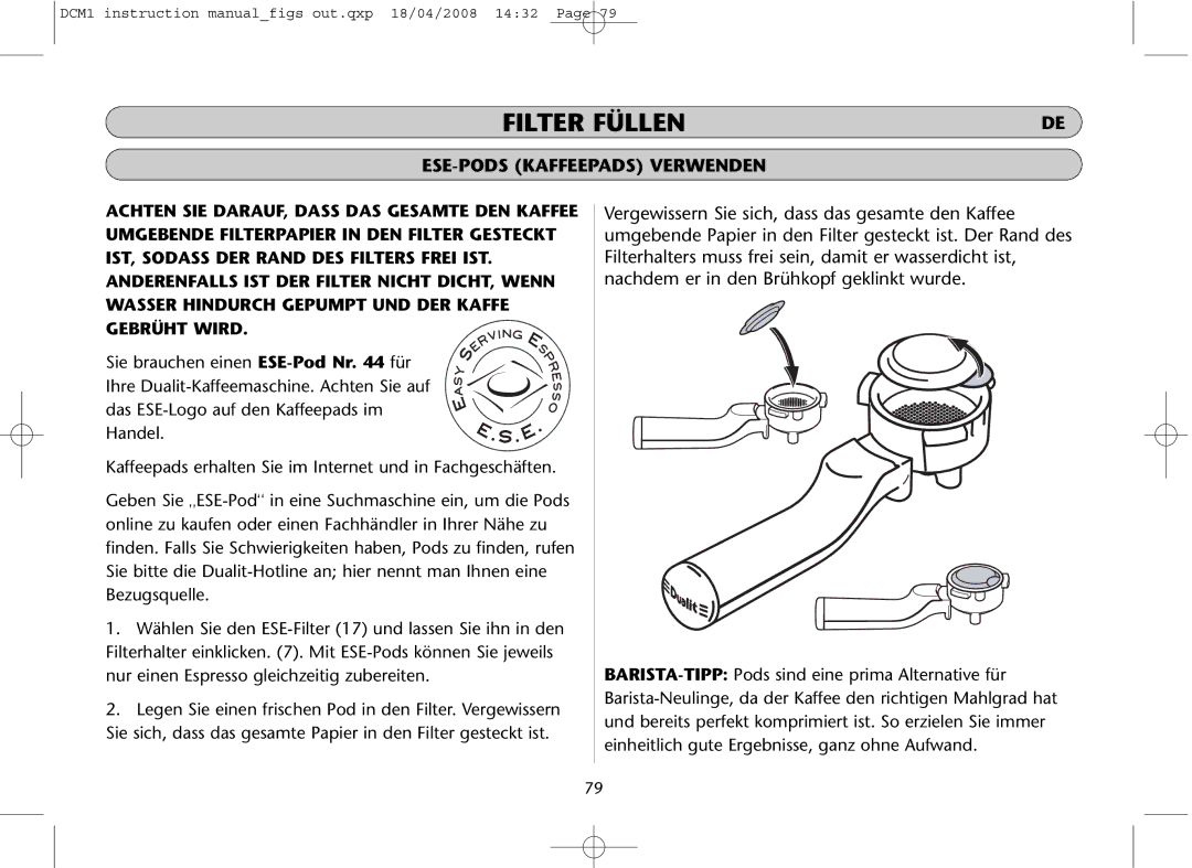 Dualit DCM1 instruction manual Filter Füllen 