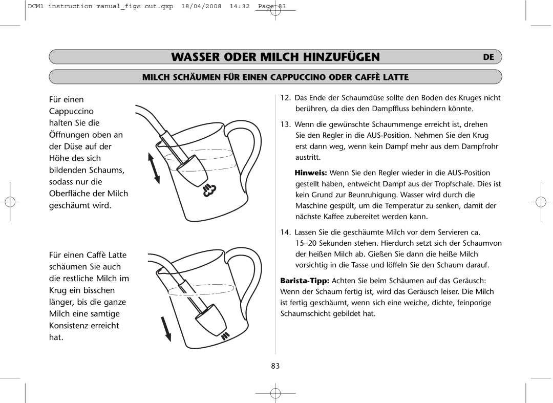 Dualit DCM1 instruction manual Wasser Oder Milch Hinzufügen 