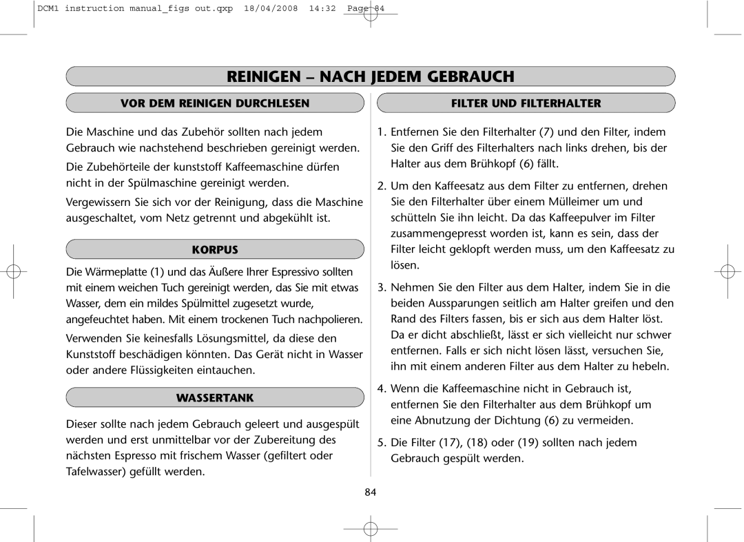 Dualit DCM1 Reinigen Nach Jedem Gebrauch, VOR DEM Reinigen Durchlesen, Korpus, Wassertank, Filter UND Filterhalter 