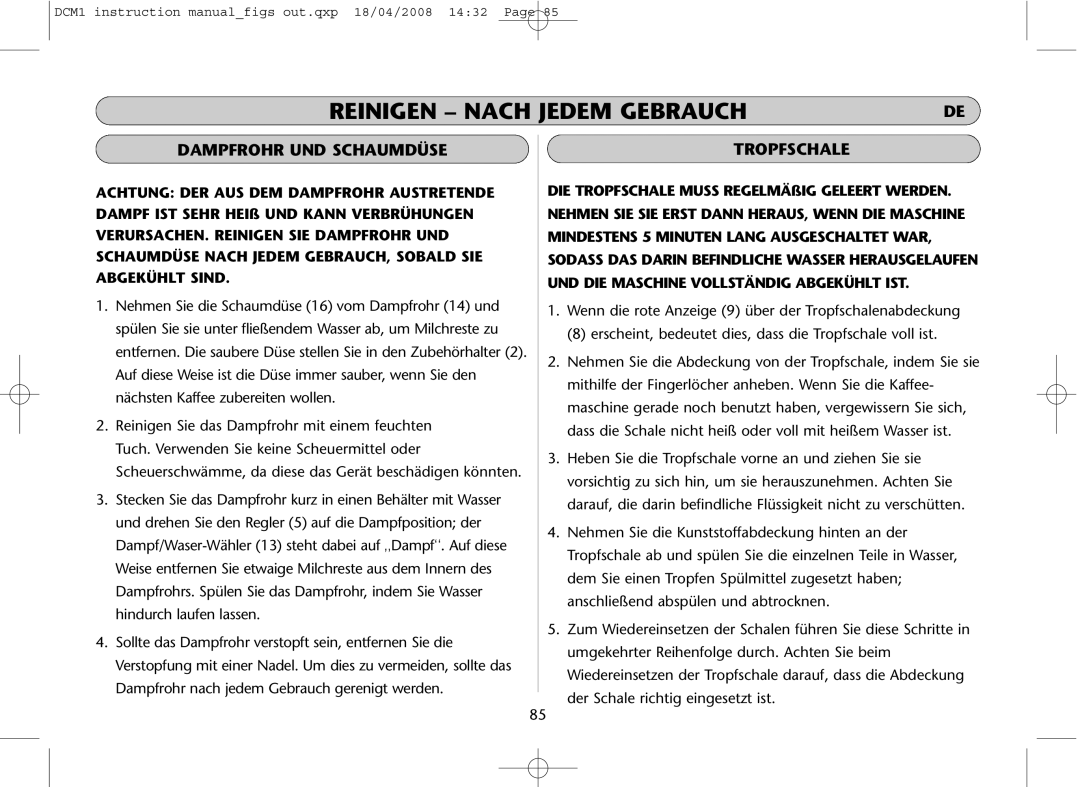 Dualit DCM1 instruction manual Dampfrohr UND Schaumdüse, Tropfschale 