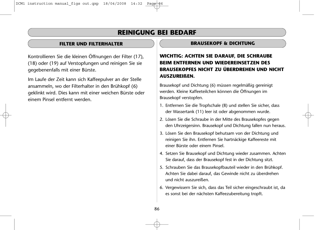 Dualit DCM1 instruction manual Reinigung BEI Bedarf, Brausekopf & Dichtung 