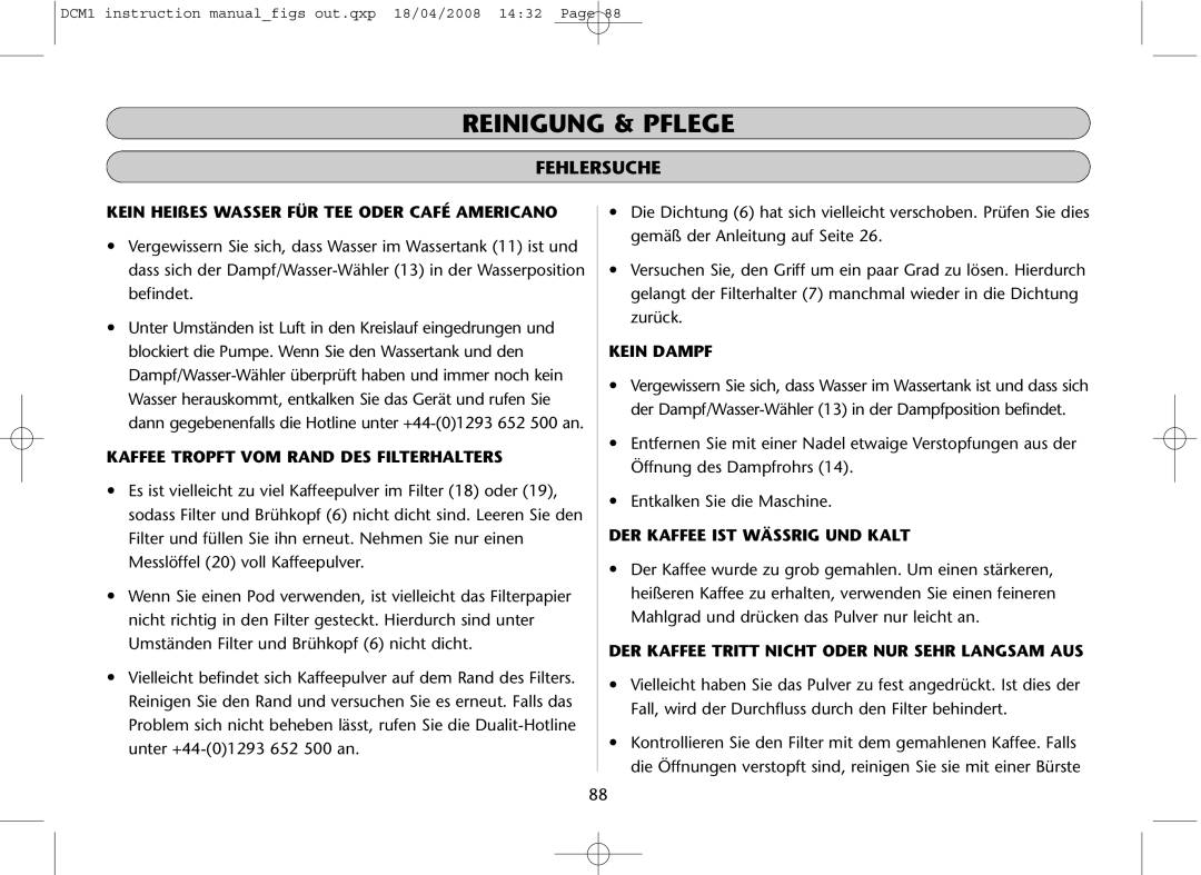 Dualit DCM1 instruction manual Reinigung & Pflege, Fehlersuche 