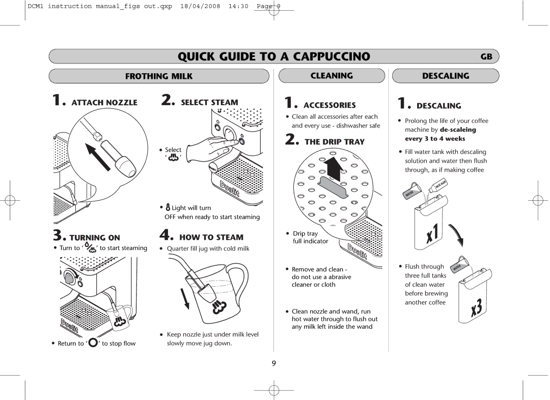 Dualit DCM1 instruction manual Frothing Milk, Cleaning, Descaling 