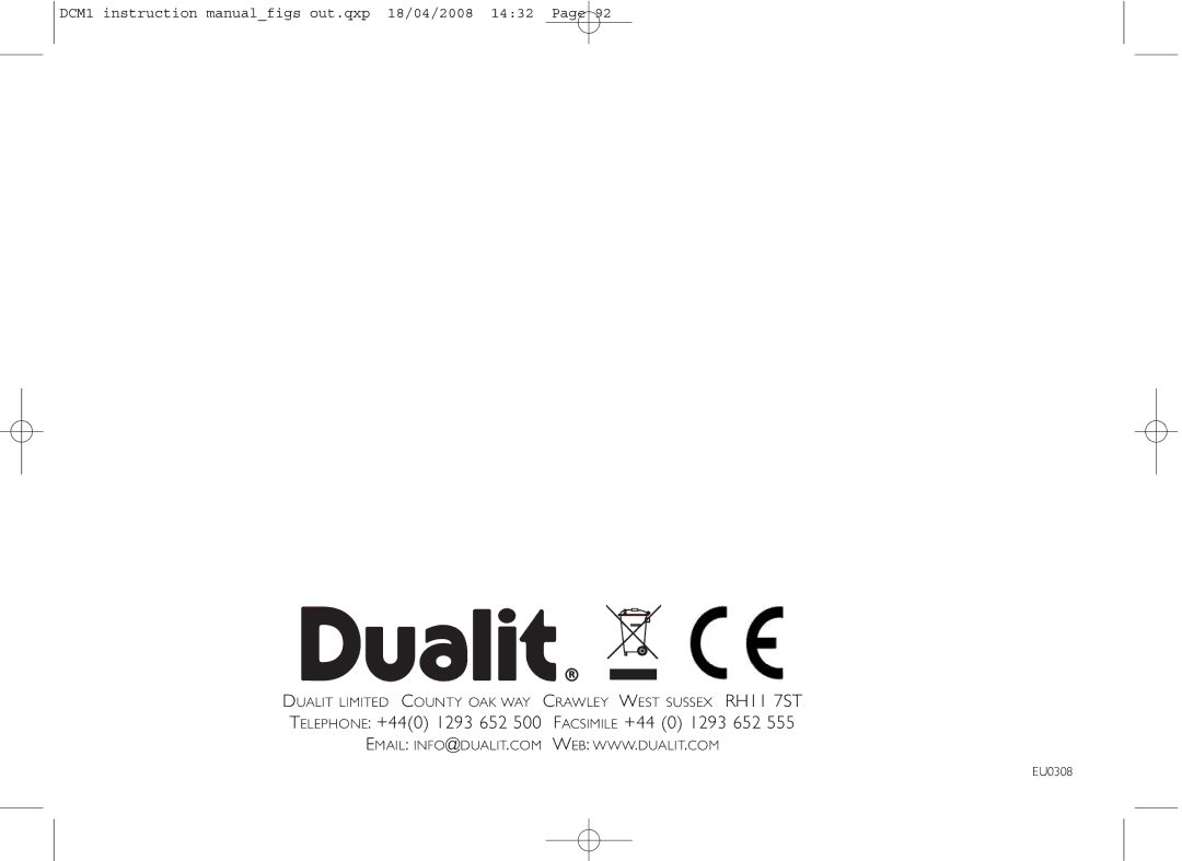 Dualit DCM1 instruction manual Telephone +440 1293 652 500 Facsimile +44 0 1293 652 