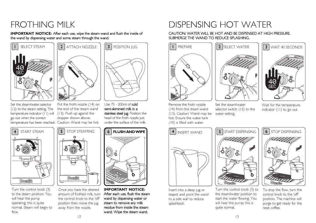 Dualit DCM2 instruction manual Dispensing HOT Water, FLUSh ANDwIPE 