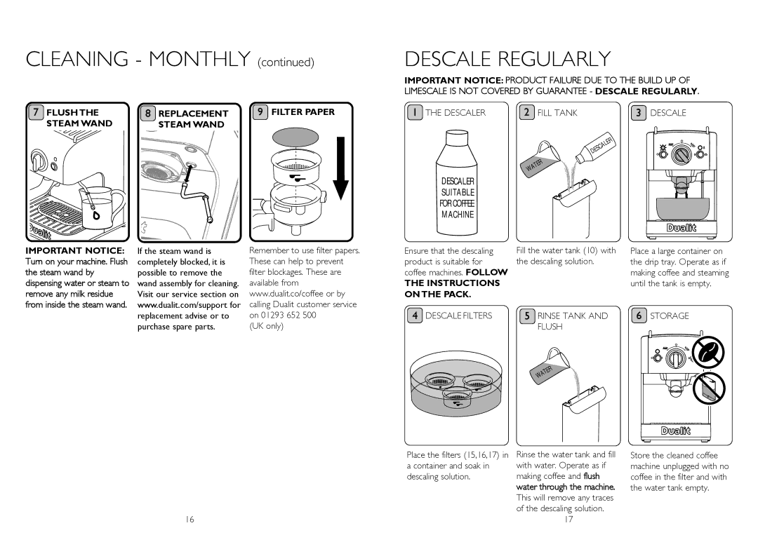 Dualit DCM2 instruction manual Descale Regularly, Instructions On ThE PACk, Descale Filters, Flush, Storage 