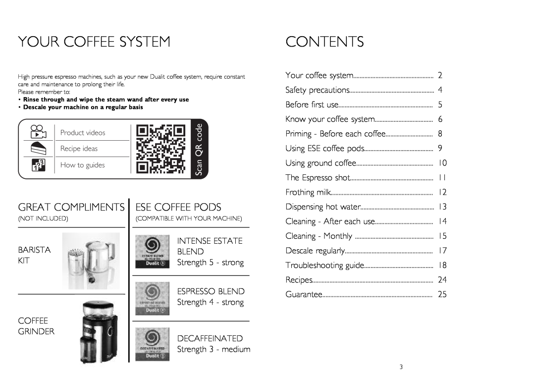 Dualit DCM2 Your Coffee System, Contents, Great Compliments, Coffee Grinder, Product videos, Recipe ideas, How to guides 