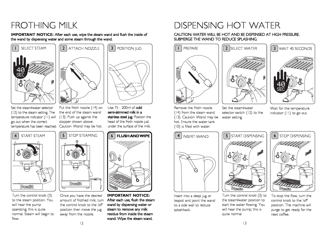 Dualit DCM2 instruction manual FROTHING MILk, Dispensing Hot Water, fLUSh ANDwIPE 