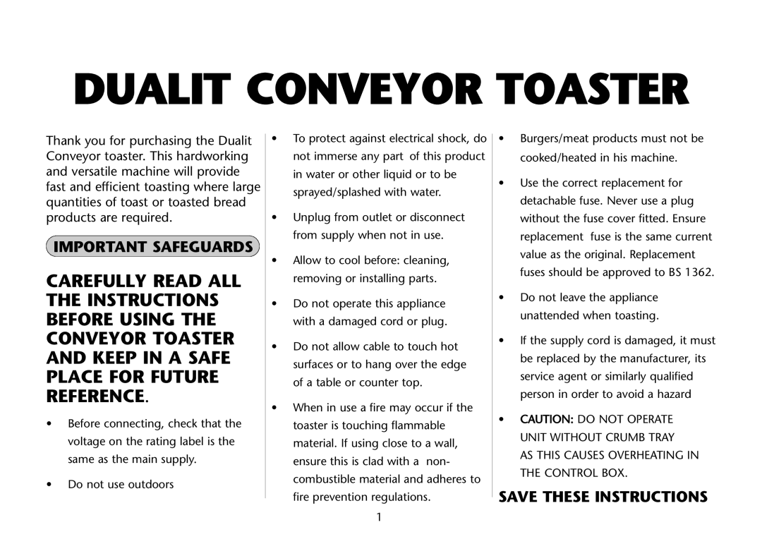 Dualit DCT 2 instruction manual Dualit Conveyor Toaster 