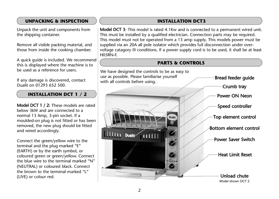 Dualit DCT 2 instruction manual Unpacking & Inspection Installation DCT3, Parts & Controls, Installation DCT 1 