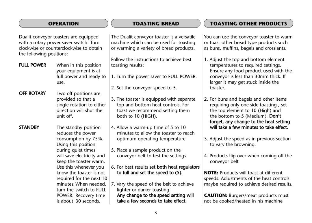 Dualit DCT 2 instruction manual Operation Toasting Bread Toasting Other Products 