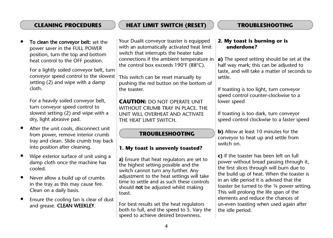 Dualit DCT 2 instruction manual Cleaning Procedures Heat Limit Switch Reset Troubleshooting, My toast is unevenly toasted? 