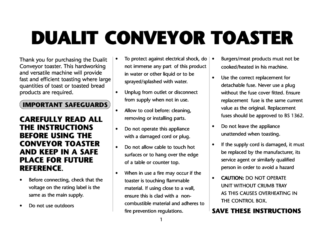 Dualit DCT 2 instruction manual Dualit Conveyor Toaster, Important Safeguards, Save These Instructions 