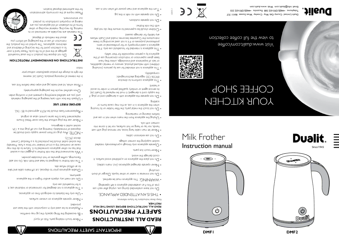 Dualit DMF1, DMF2 instruction manual NstructionsI, On enironvprotectionentm, First use 