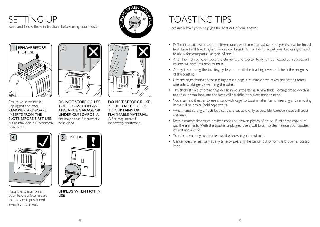 Dualit DPP4, DPP2 instruction manual Toasting Tips, Remove Before First USE, Unplug 