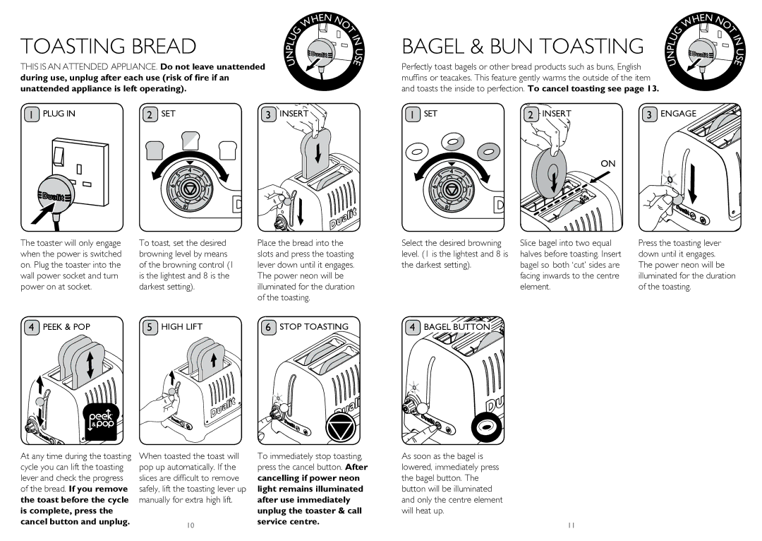 Dualit DPP2 Toasting Bread, Bagel & BUN Toasting, Plug SET Insert Engage, Peek & POP High Lift Stop Toasting Bagel Button 