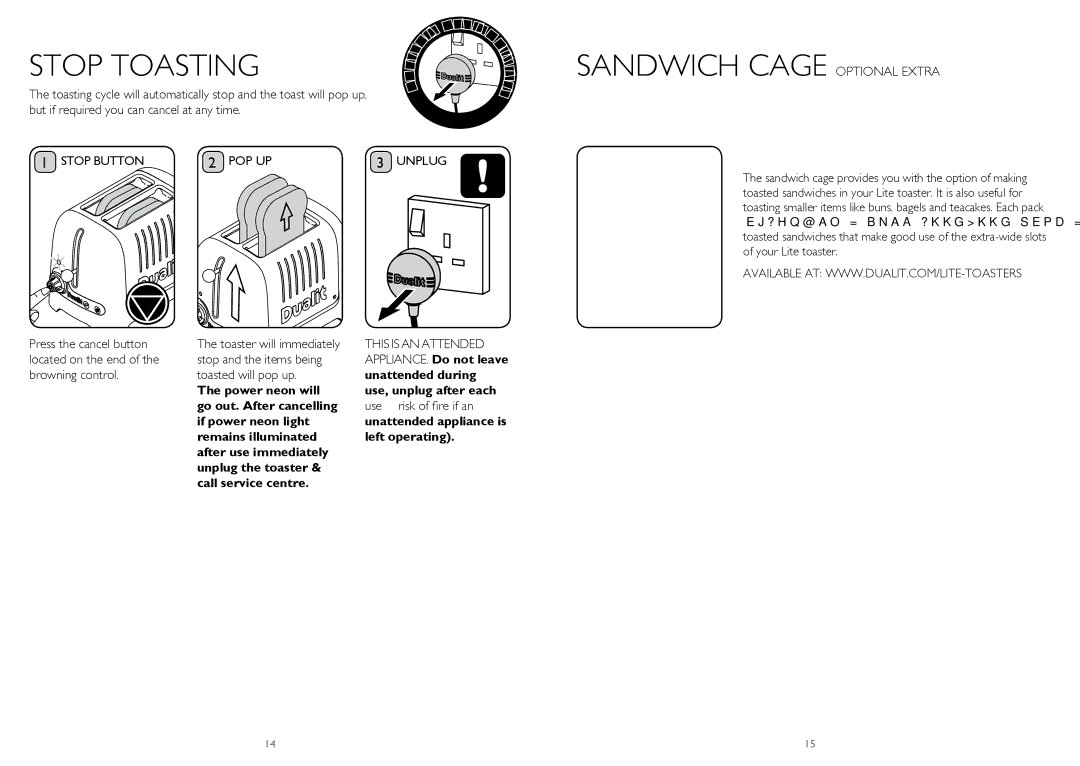 Dualit DPP2, DPP4 instruction manual Stop Toasting, Sandwich Cage Optional Extra, Stop Button POP UP Unplug 