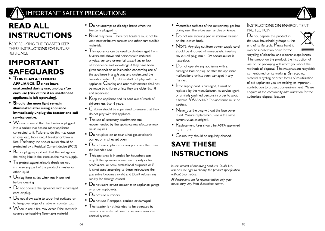 Dualit DPP4, DPP2 Read All Instructions, Important Safeguards, Save These Instructions, Important Safety Precautions 