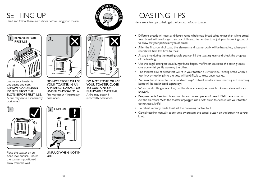Dualit DPP4, DPP2 instruction manual Setting Up, Toasting Tips, Read and follow these instructions before using your toaster 