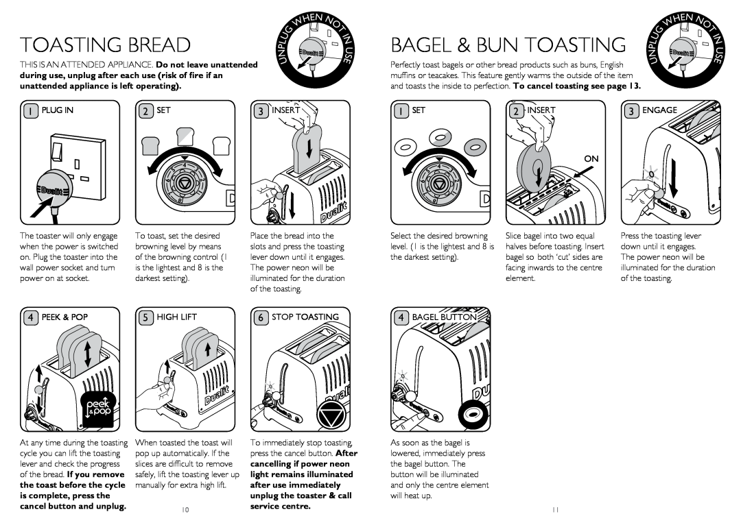 Dualit DPP2, DPP4 instruction manual Toasting Bread, Bagel & Bun Toasting 