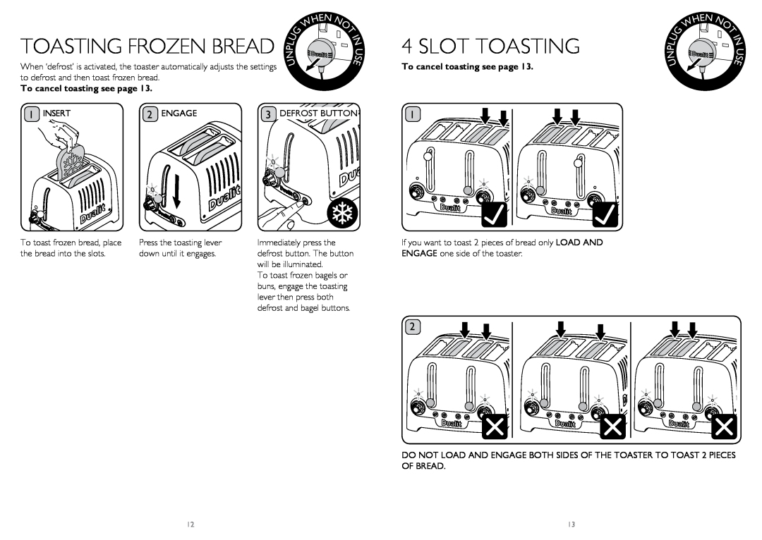 Dualit DPP4, DPP2 instruction manual Slot Toasting, Toasting Frozen Bread 