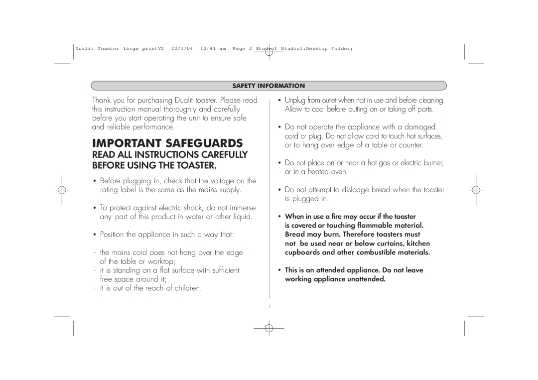 Dualit 46245, DUAL TOASTER 2 AND 4 SLOT MODELS manual Important Safeguards 