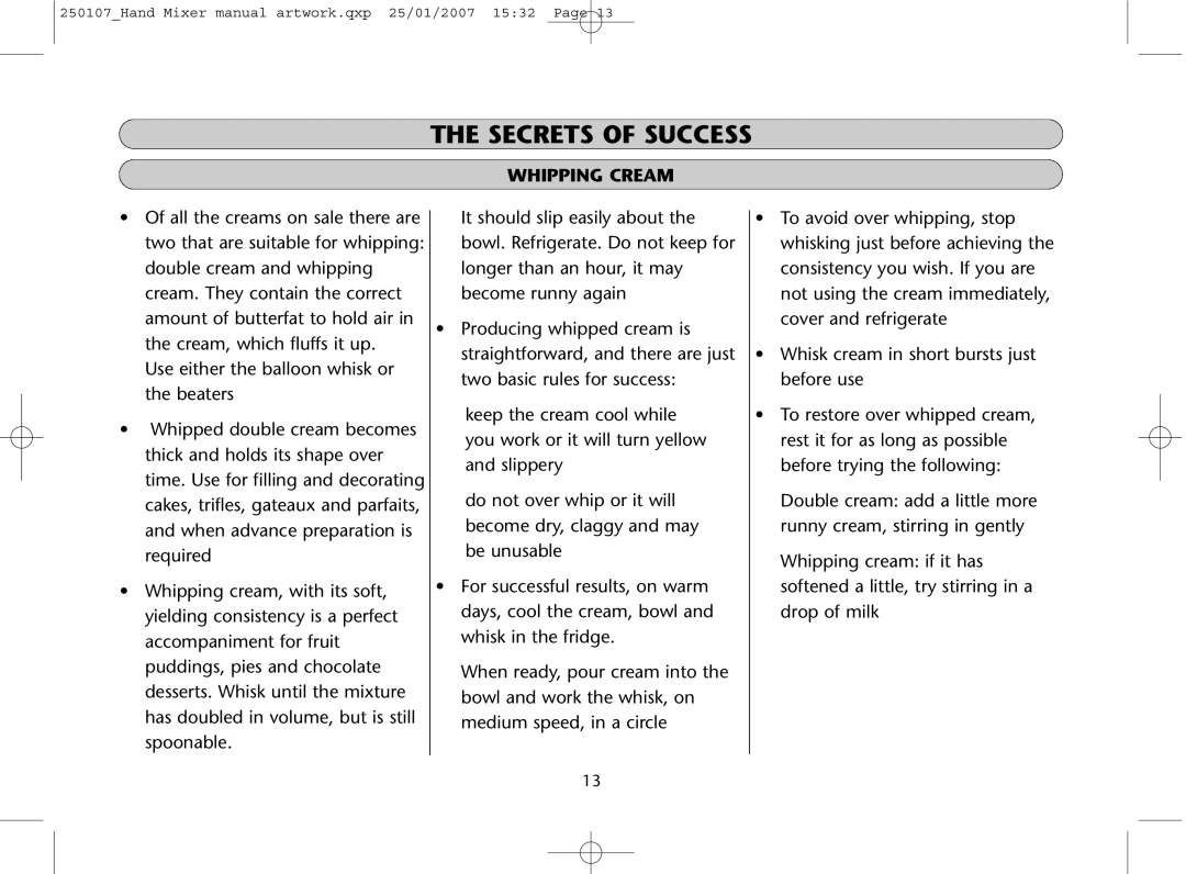 Dualit GB 04/06 instruction manual Whipping Cream 