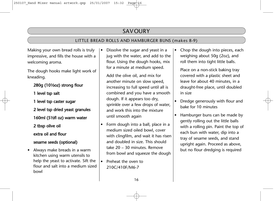 Dualit GB 04/06 instruction manual Little Bread Rolls and Hamburger Buns makes 