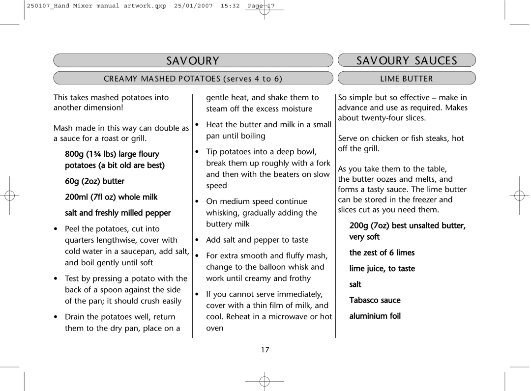 Dualit GB 04/06 instruction manual Savoury, Lime Butter 